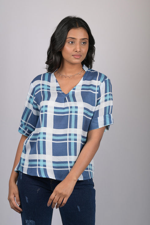 V-Neck Blue Checks Top (OTL-TPS1073)